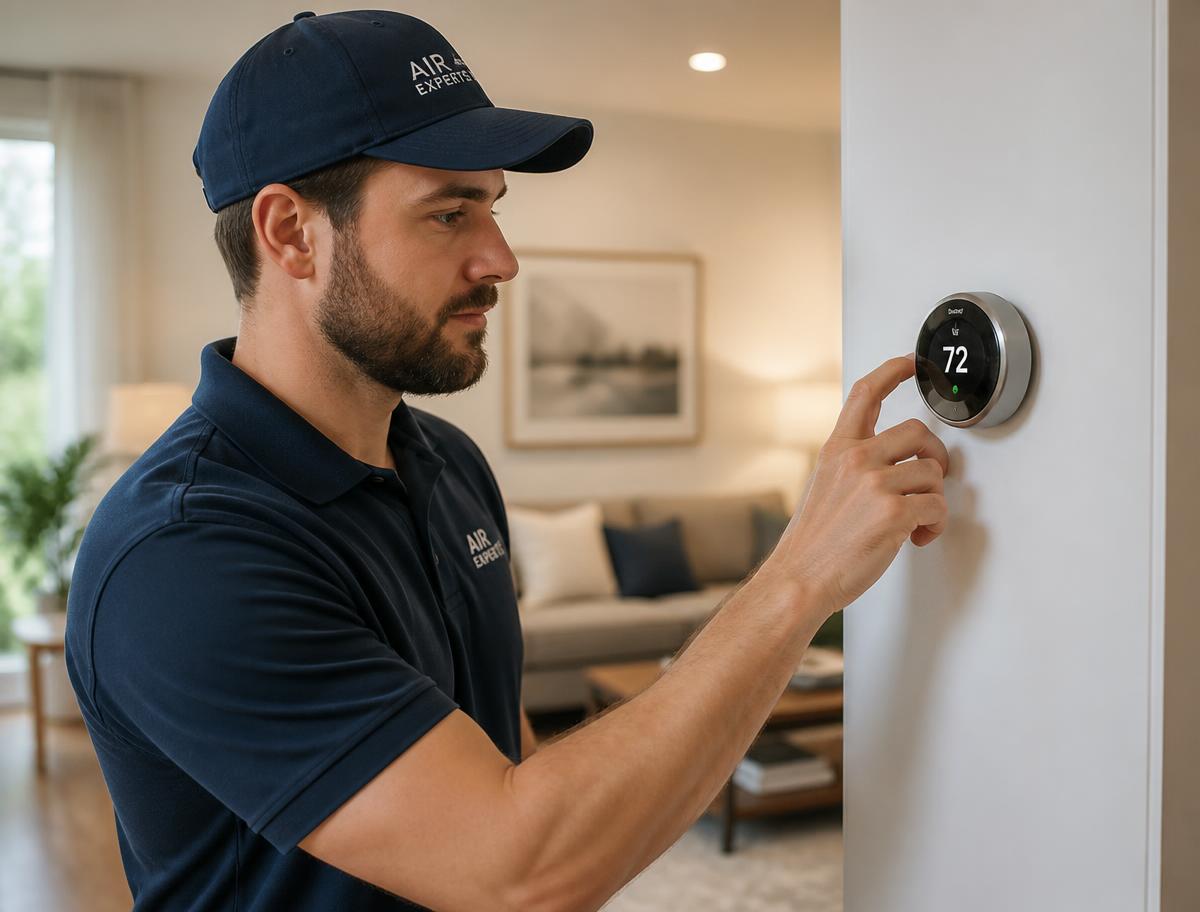 Technician setting a smart thermostat in a bright living room