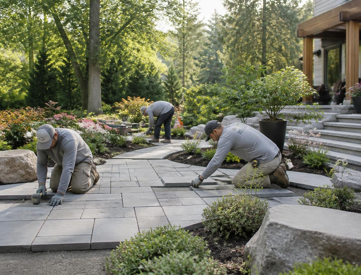 Crew laying stone patio pavers and planting a garden bed