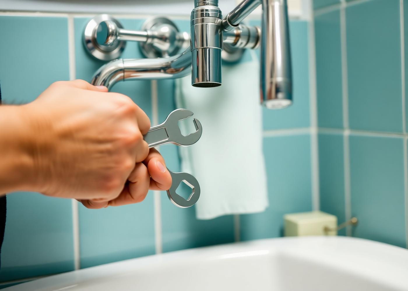 Plumber tightening a chrome bathroom fixture with a wrench