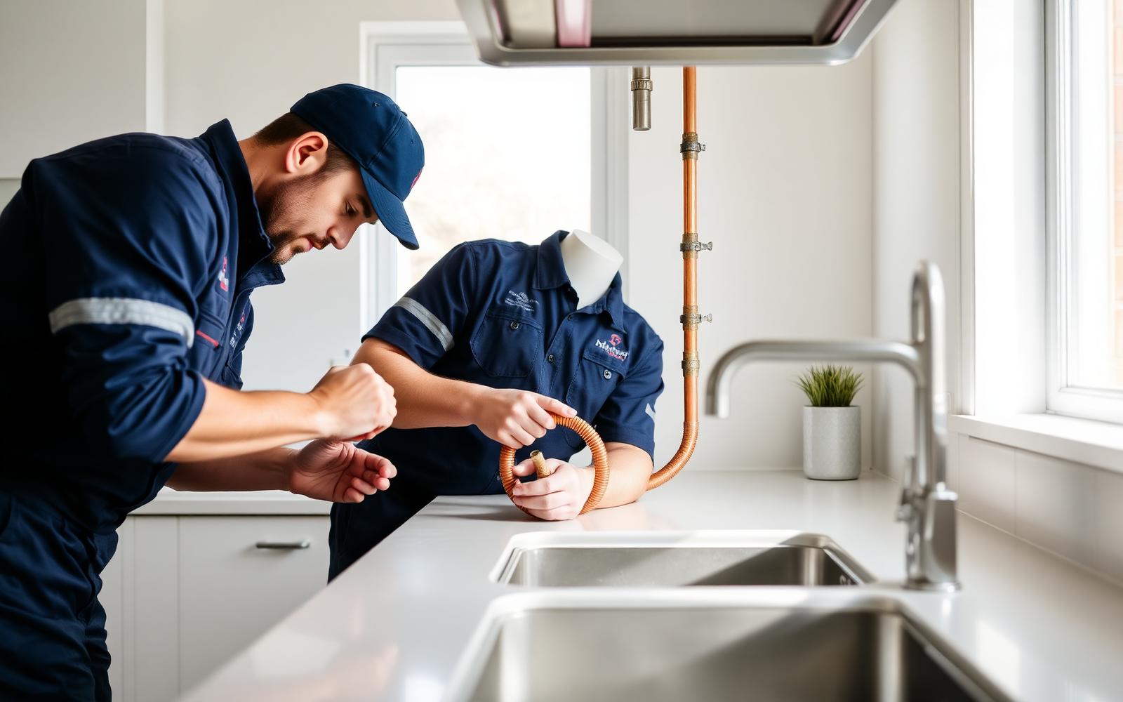 Plumber installing copper pipework under a modern kitchen sink