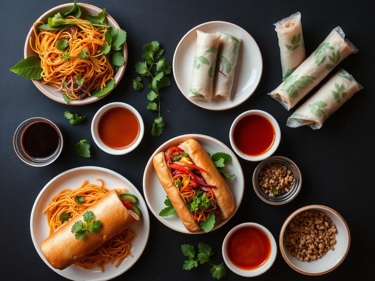 Overhead spread of Vietnamese dishes and sauces