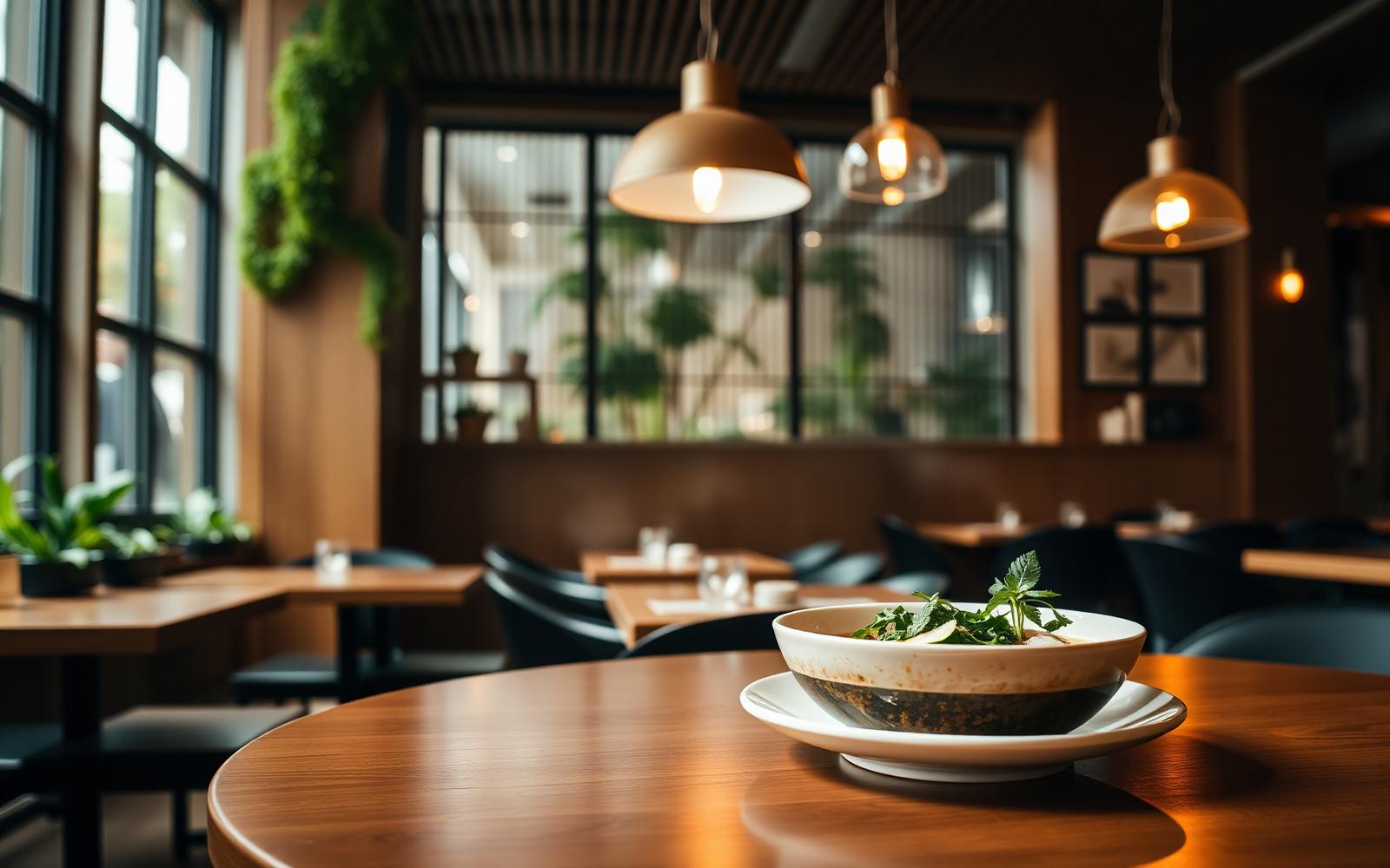 Modern Vietnamese restaurant interior with warm pendant lighting