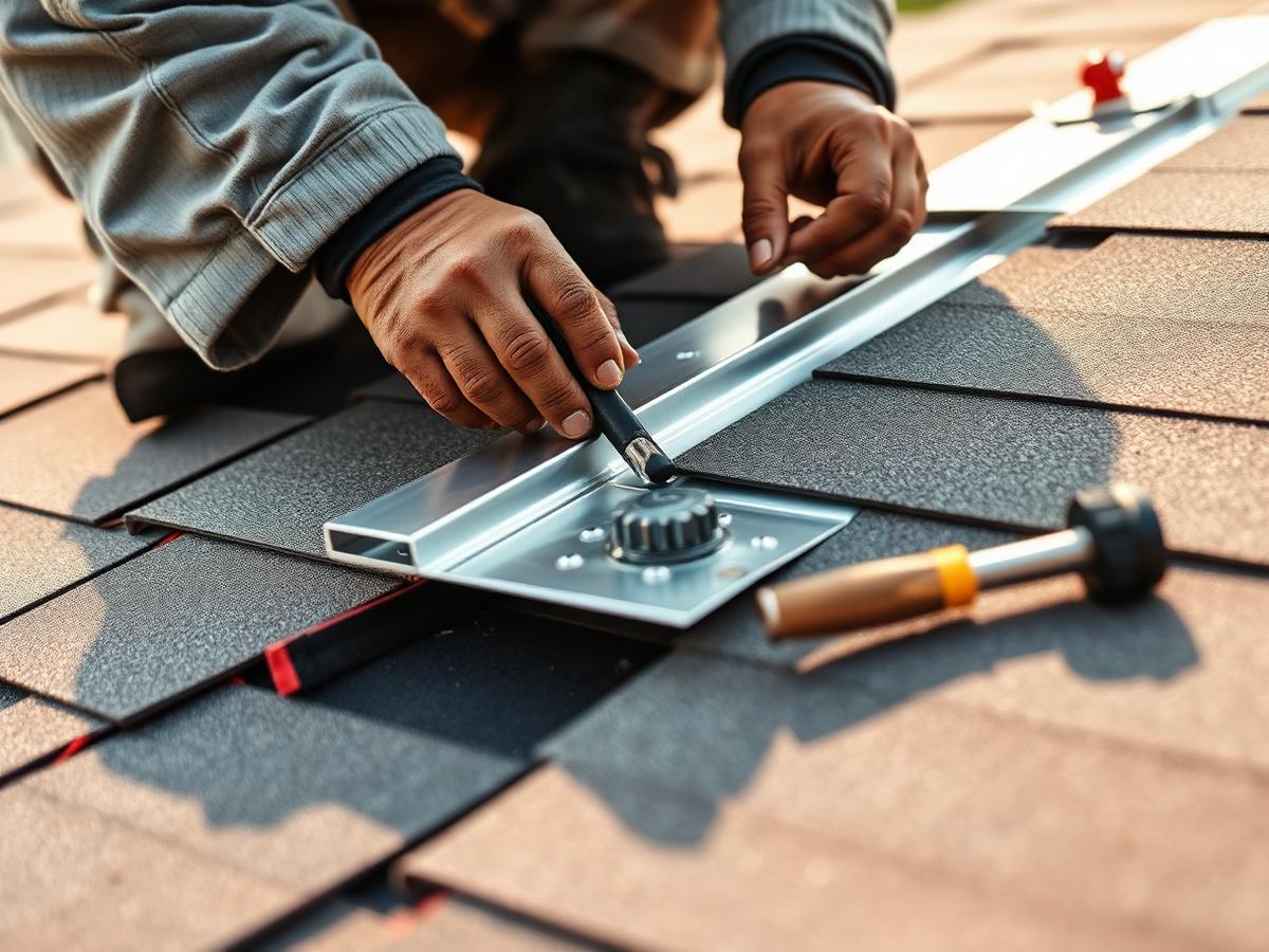 Close-up of a roofer installing metal flashing